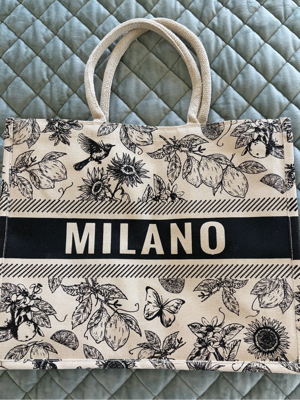 Milano Cream & Black Floral Canvas Tote